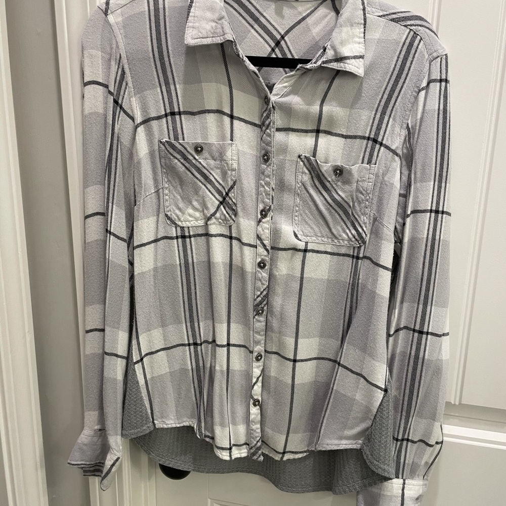Plaid gray and white button up top